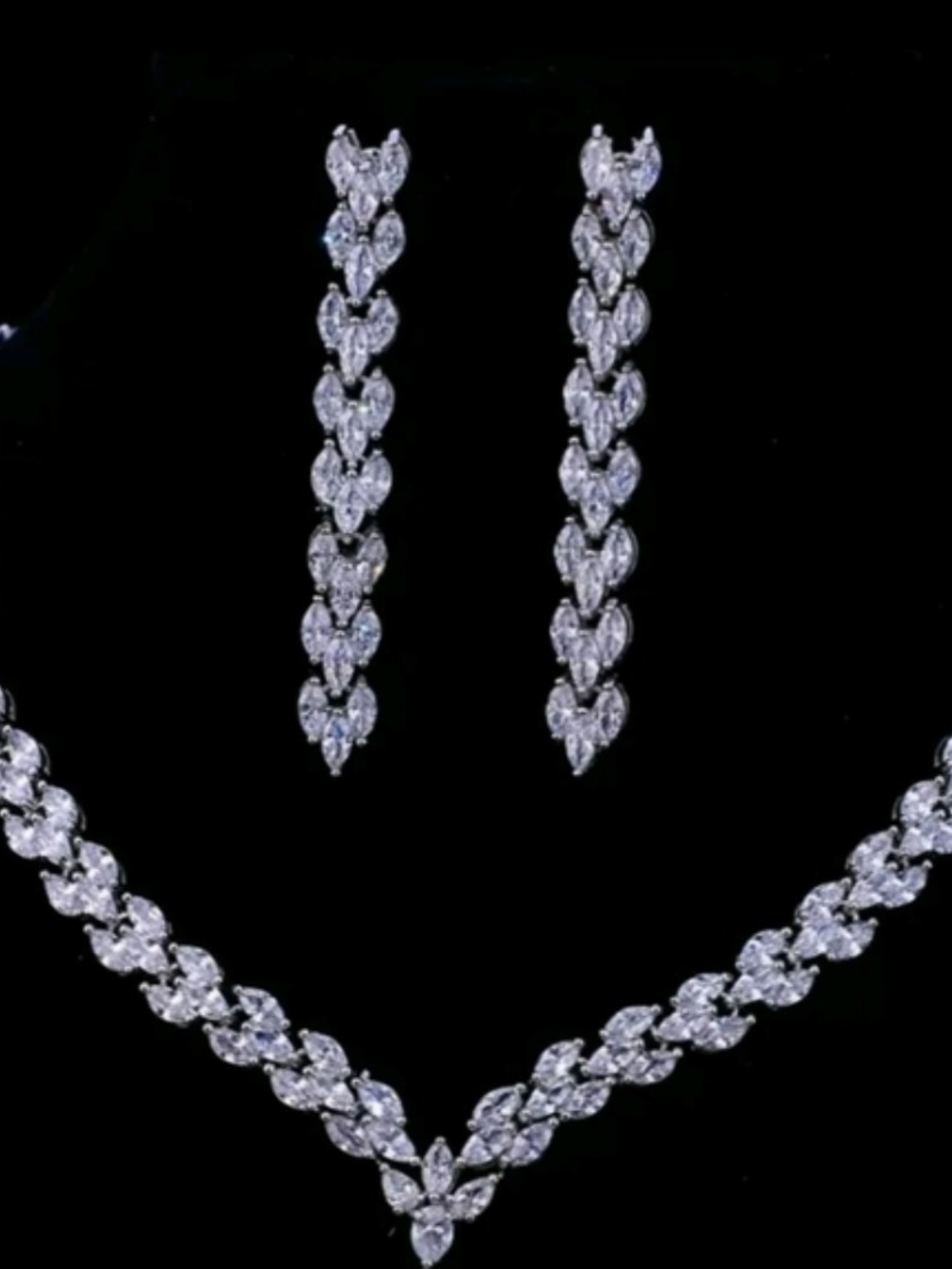 Classic Silver Crystal Leaf Necklace and Earrings Set